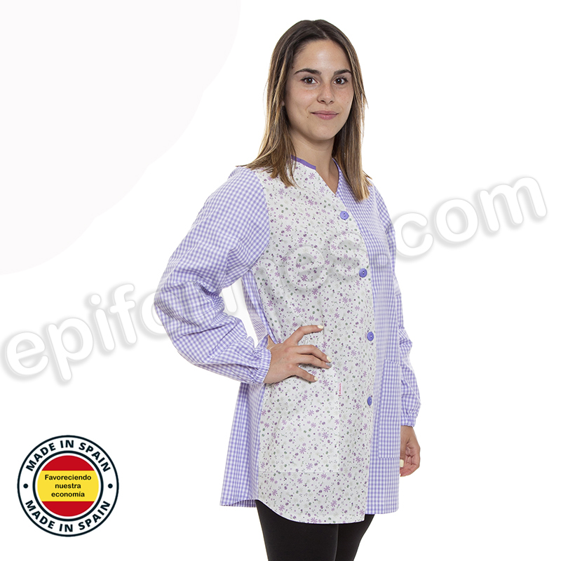 Bata de maestra, con cuadros, flor lila