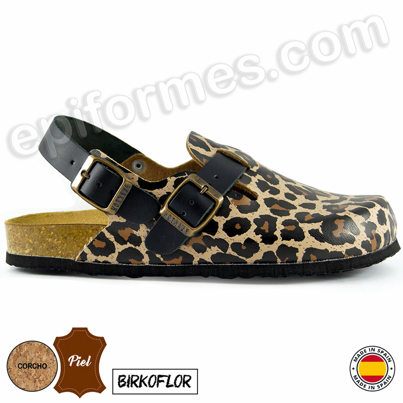 Calzado laboral con planta de corcho, leopardo