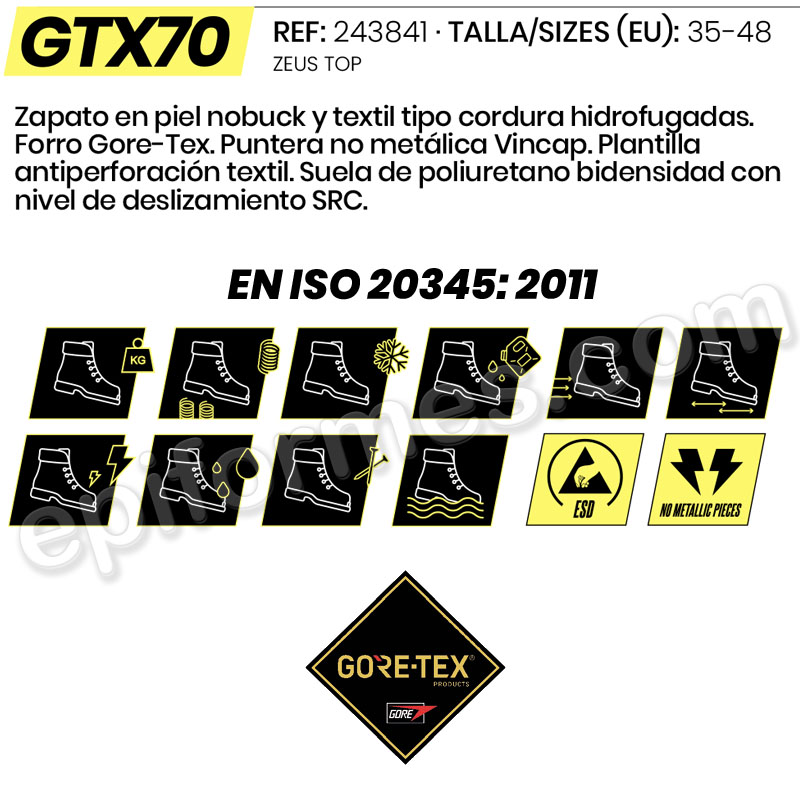 Zapato piel nobuck, cordura hidrofugada, Gore-Tex.