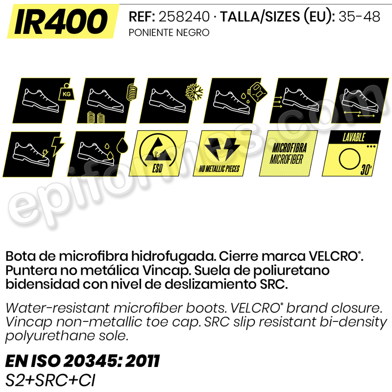 Bota de microfibra hidrofugada. Cierre marca VELCRO®.