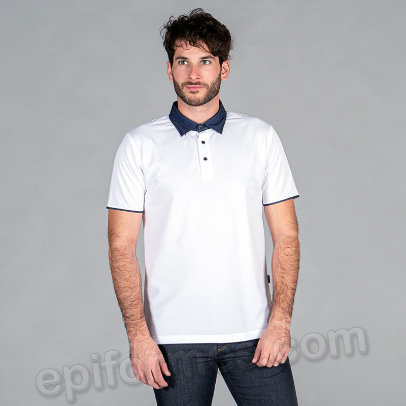 Polo cuello pico en tejano blanco