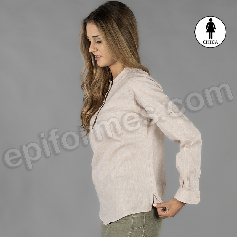 Camisa de señora, lino/algodón cuello mao beige