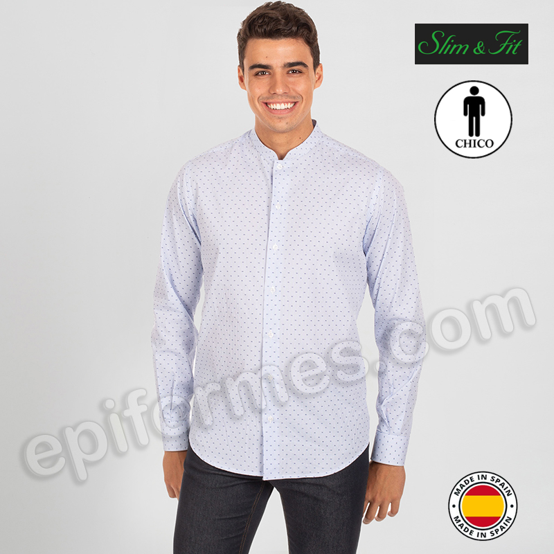 Camisa de hombre cuello mao. Rayas puntos marinos