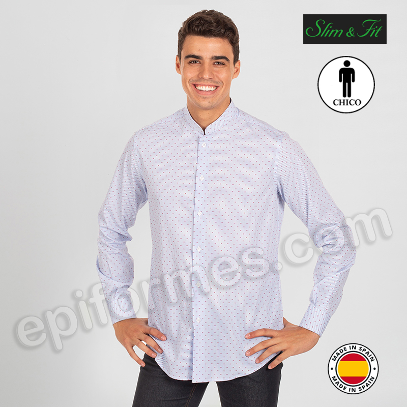 Camisa de hombre cuello mao. Rayas y puntos rojos