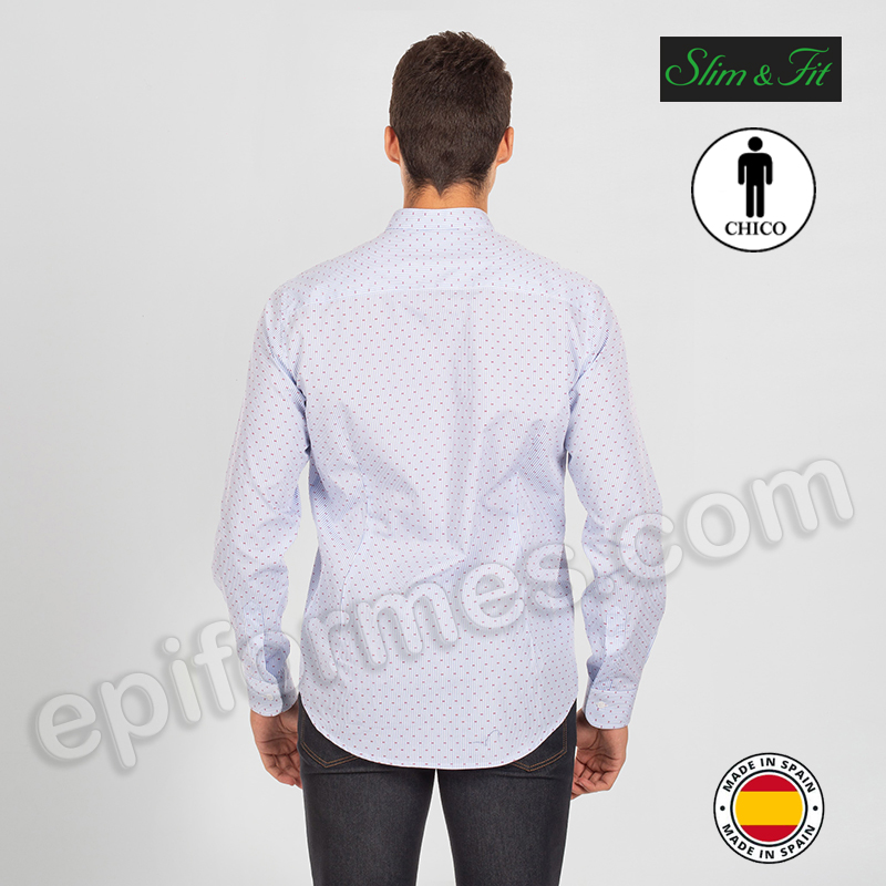 Camisa de hombre cuello mao. Rayas y puntos rojos