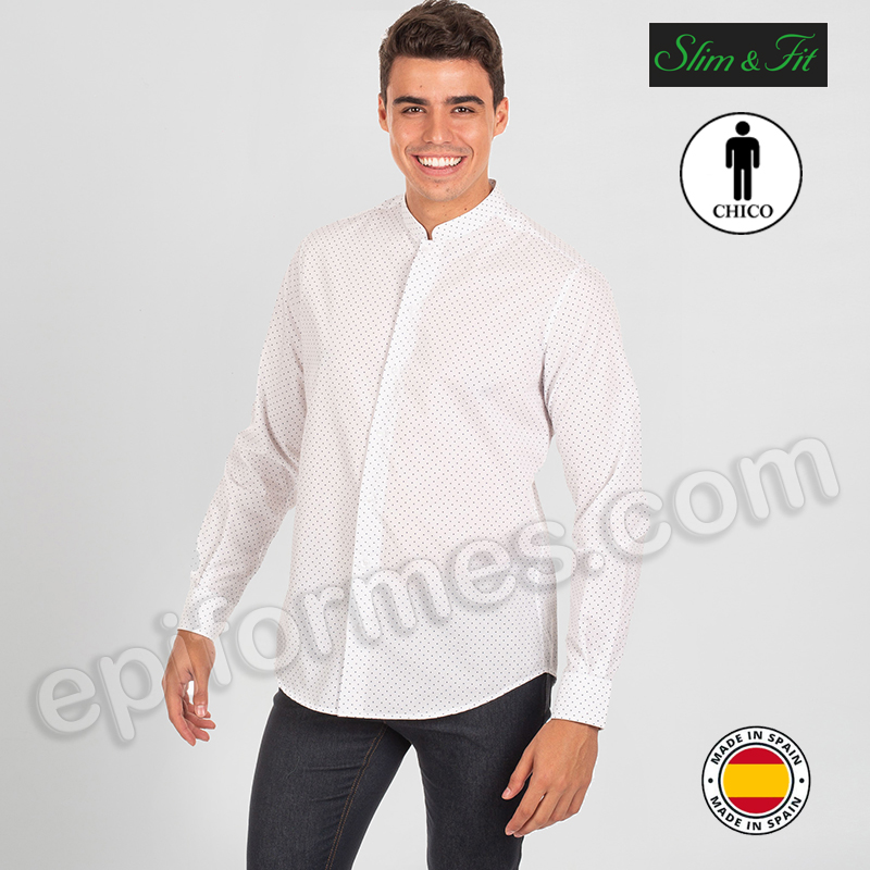 Camisa de hombre cuello mao. topos marino