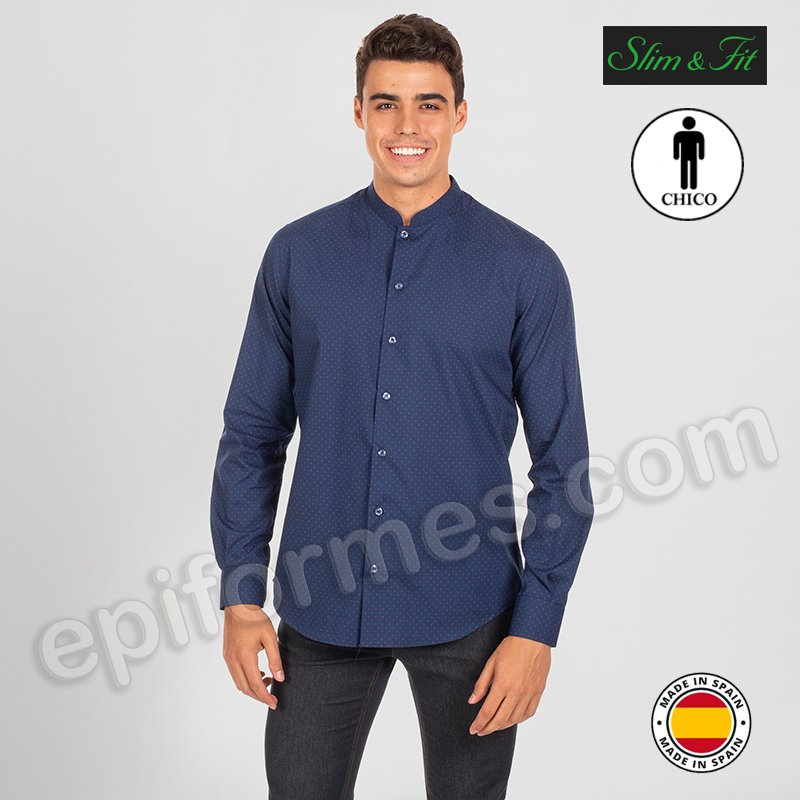 Camisa de hombre cuello mao. Topos rojos