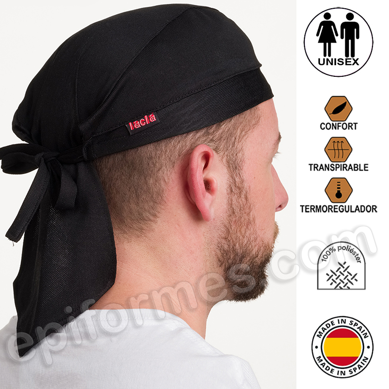 Gorro cocinero, transpirable tipo bandana negra