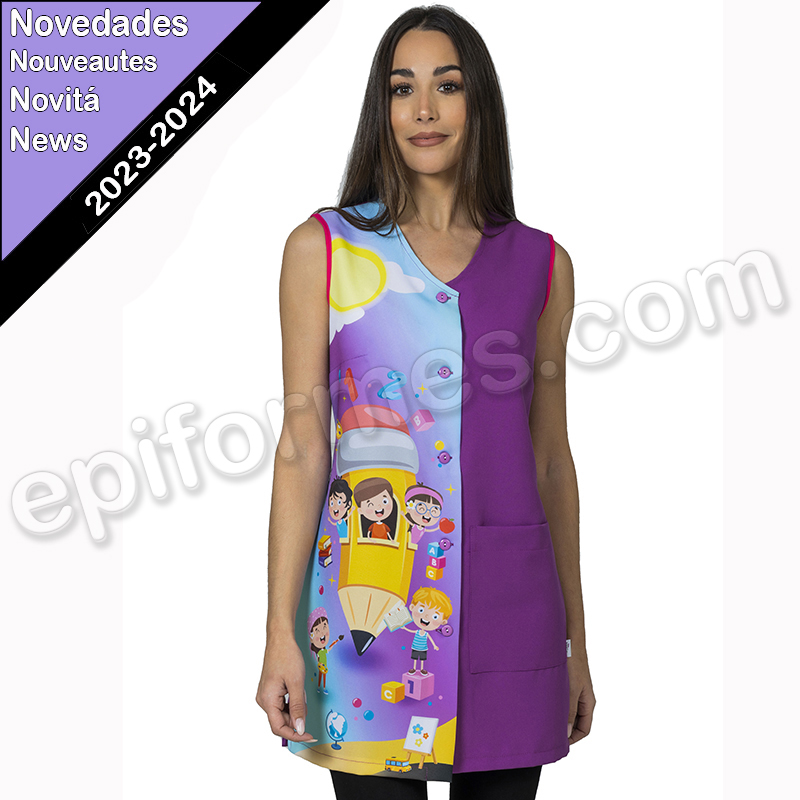 Bata de maestra sin mangas, estampada