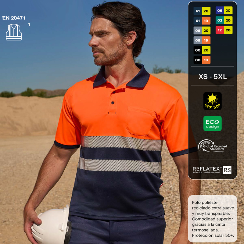 Polo poliéster reciclado bicolor manga corta cinta segmentada