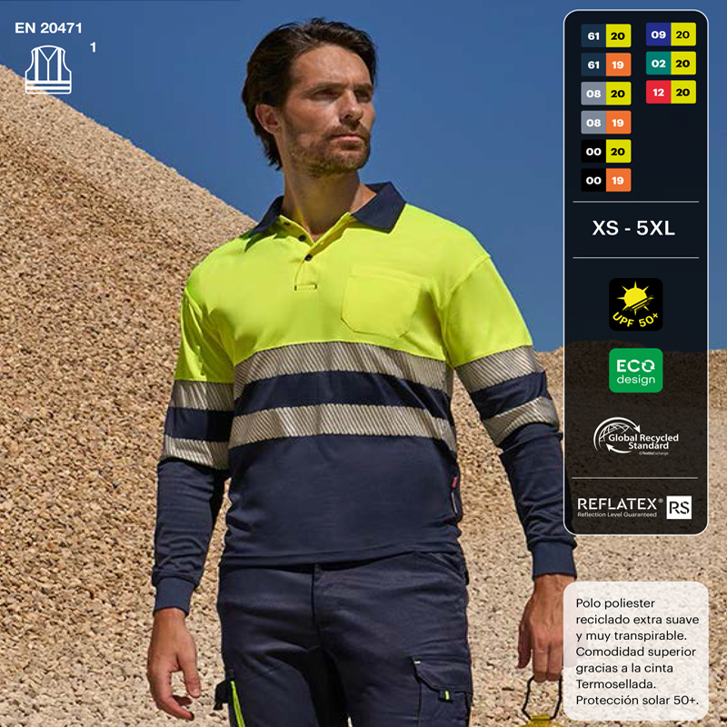 Polo poliéster reciclado bicolor manga larga cinta segmentada