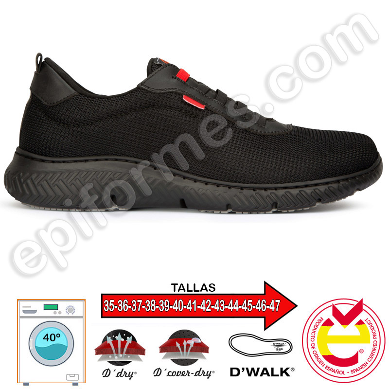 Zapatilla cordones elásticos, antideslizante, en negro