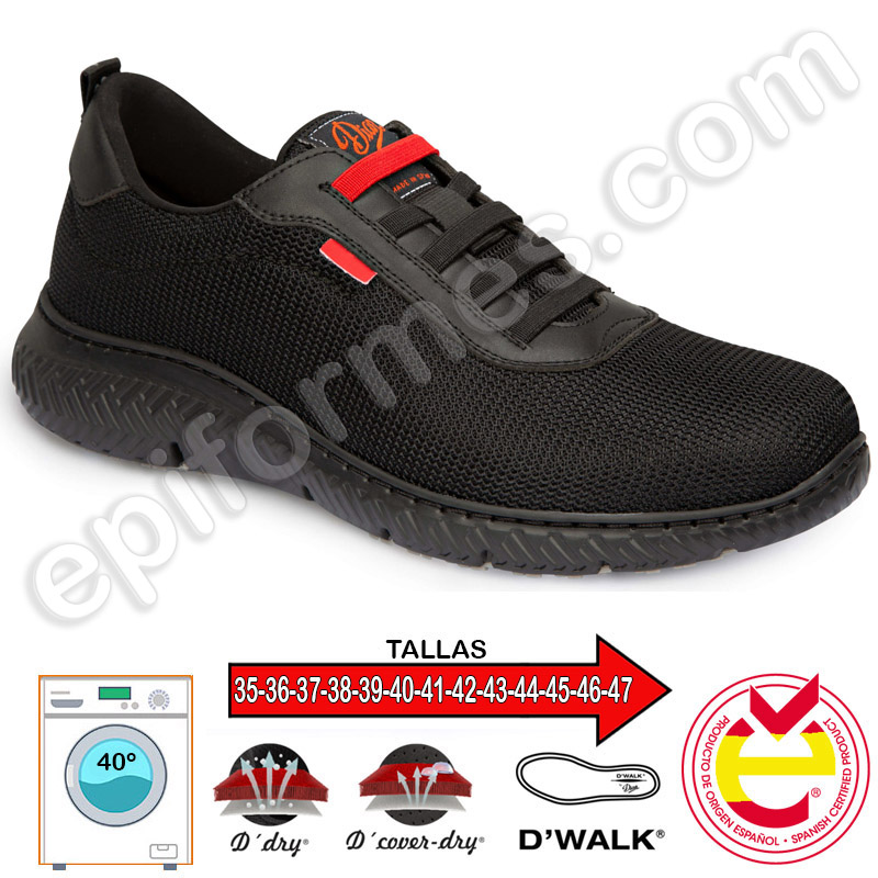 Zapatilla cordones elásticos, antideslizante, en negro