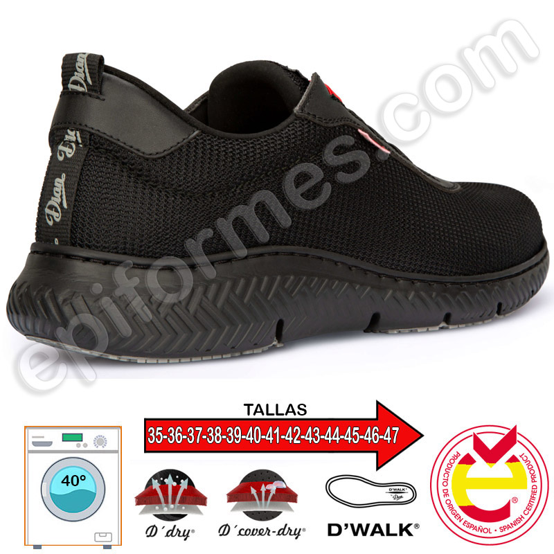 Zapatilla cordones elásticos, antideslizante, en negro