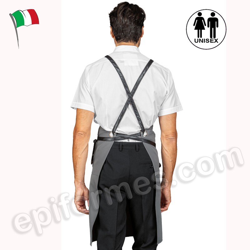 Delantal con peto con hebillas, gris y negro, polipiel