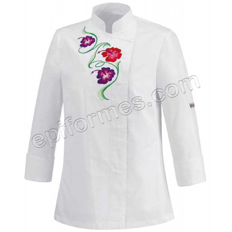 Elegante chaqueta de cocina para mujer, de color blanco con cola por  detrás.