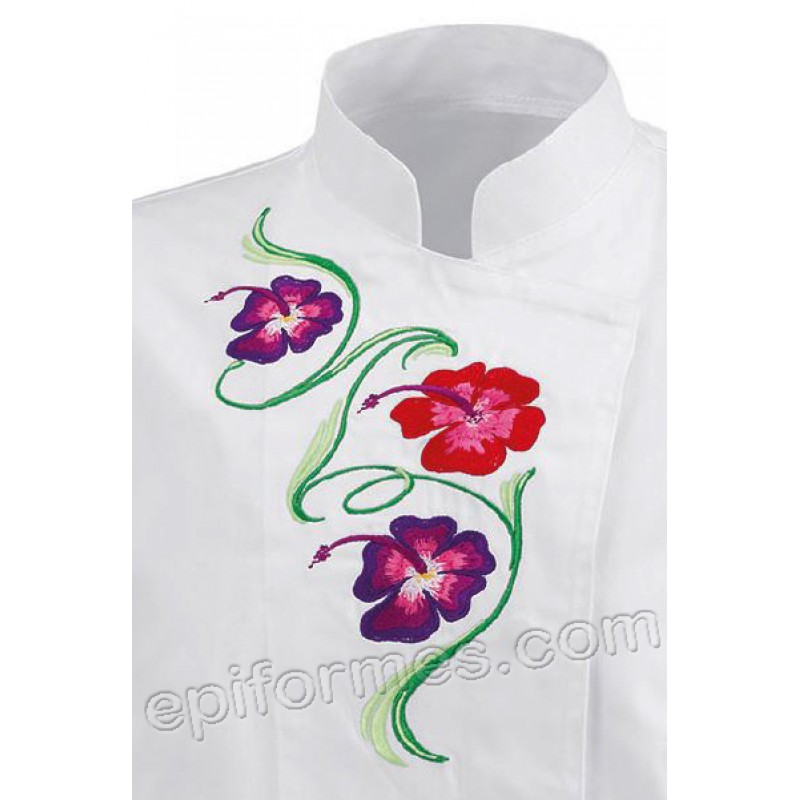 Chaqueta cocina bordado flores en blanca