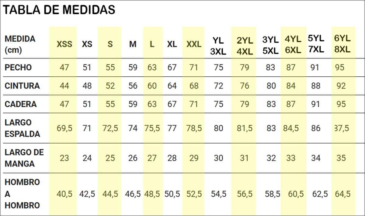 Tabla de medidas Garys Microfibra