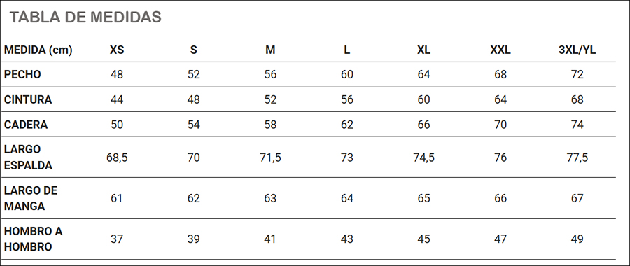 Tabla de medidas casaca óptica