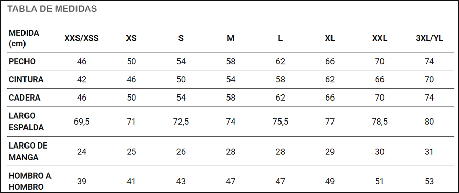 Tabla de medidas chaquetilla hombre