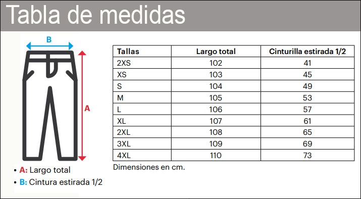 Tabla de medidas pantalón con goma y cinta ajustable