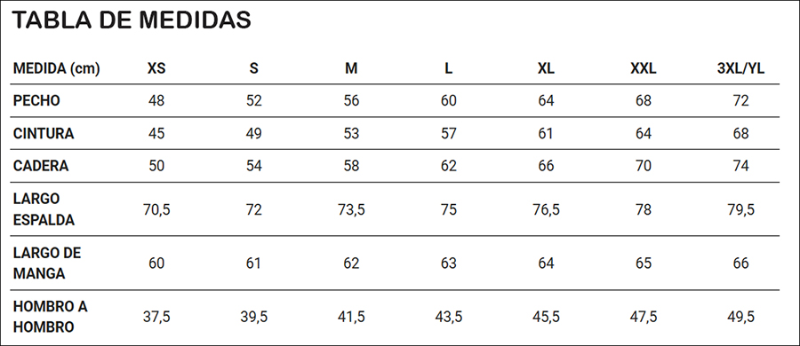 Tabla de medidas chaquetilla mujer personalizada